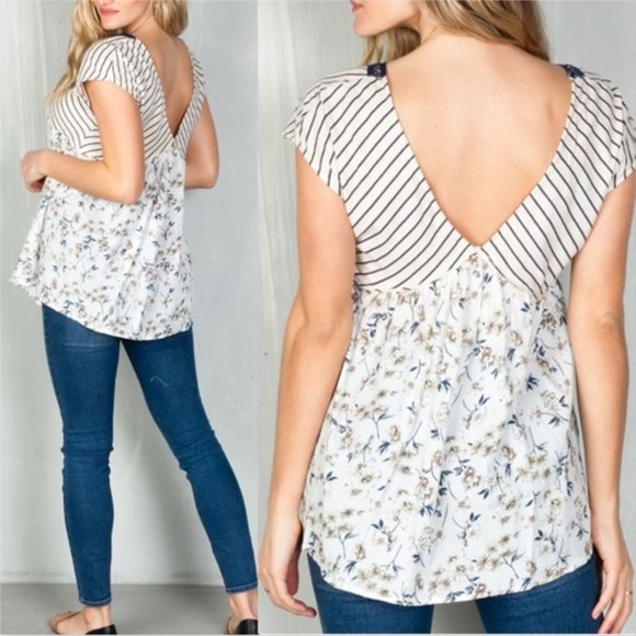 BOHO STRIPE & FLORAL CROCHET DETAILED TOP - Picture 2 of 4